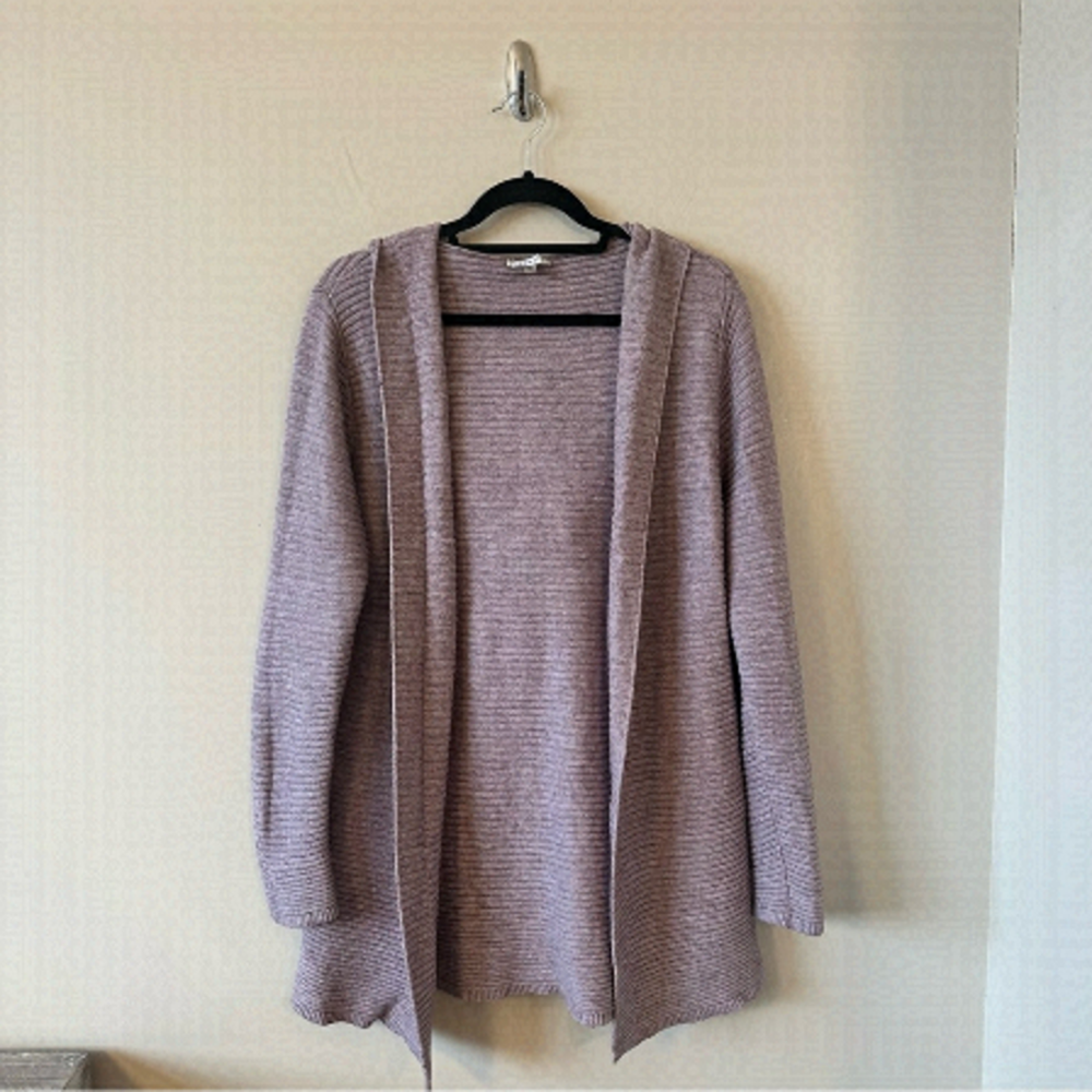 Sioni-Ribbed Open Light Purple Hooded Cardigan (Size:Medium)